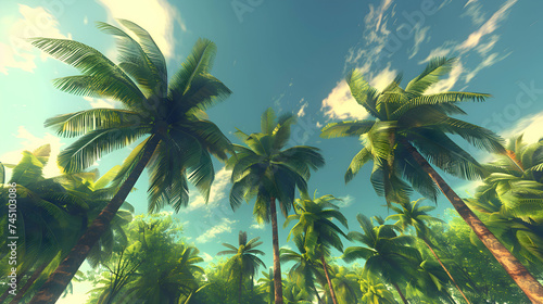 A serene scene of palm trees towering overhead against a clear blue sky, with wisps of clouds adding depth to the vintage-style summer landscape