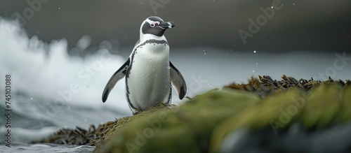 A white Magellanic penguin stands on a rock in the water at Tuckers Islets Patagonia. The penguin is perched on the rock, surrounded by the ocean waves. photo