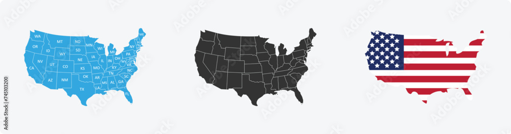 United States of America map. Map of USA with regions. United States of America map in flat and lines design. Vector illustration.