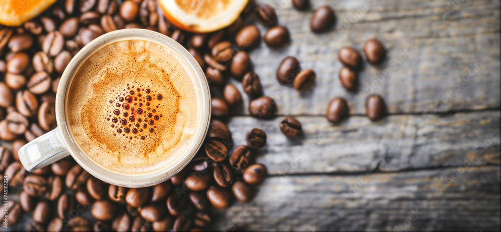 Overhead view of a cup of coffee on a table. Copy space Overhead view of a cup of coffee on a table. Copy space