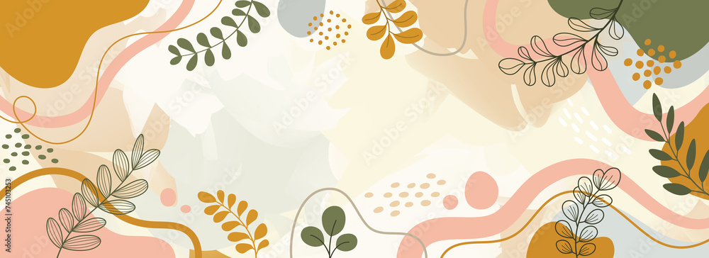 Fototapeta premium Design banner frame background .Colorful poster background vector illustration.Exotic plants, branches,art print for beauty, fashion and natural products,wellness, wedding and event. 