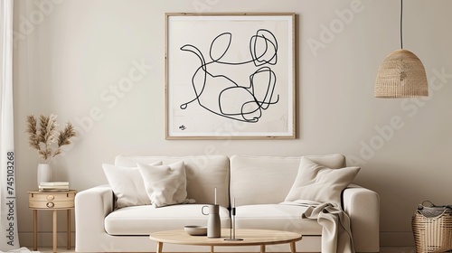art poster, doodle art with black sharpie, minimalistic art, light beige background photo