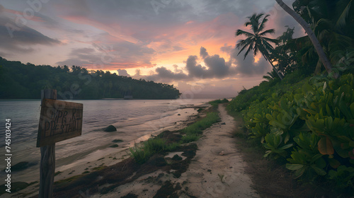 A serene sunset over a secluded beach in Vanuatu, where the warm hues of the sky reflect off the calm ocean, beside a rustic wooden sign marking the entrance to Mystery Island
