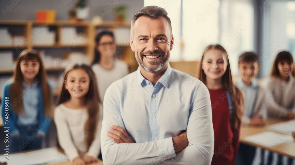 A smiling teacher in a class at school and pupils on background A smiling teacher in a class at school and pupils on background