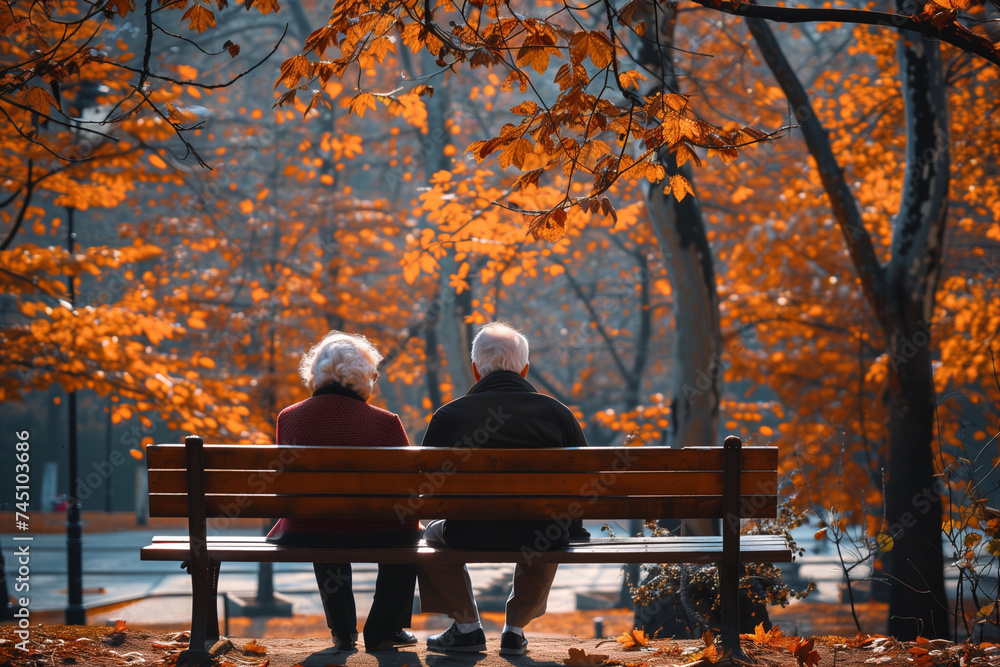 illustration of old couple sitting on bench in autumn park. Created with Generative AI - obrazy, fototapety, plakaty 