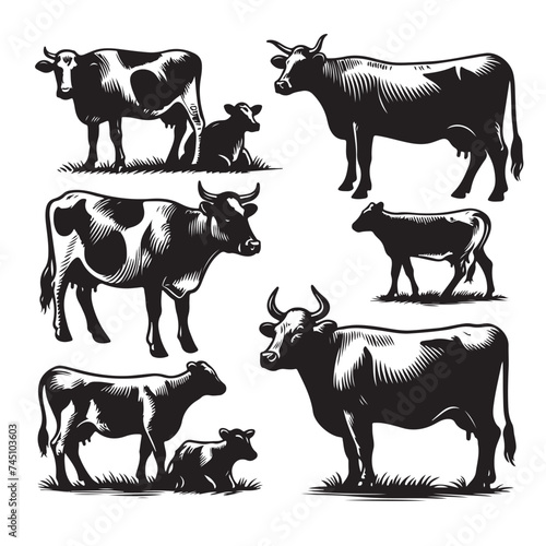 Set of cow silhouettes isolated on a white background, Vector illustration.