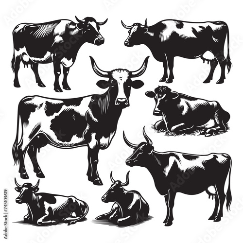 Set of cow silhouettes isolated on a white background, Vector illustration.