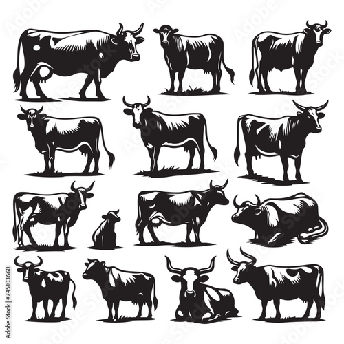 Set of cow silhouettes isolated on a white background  Vector illustration.