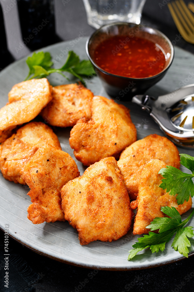 Chicken breast fried in batter or nuggets with chili sauce.