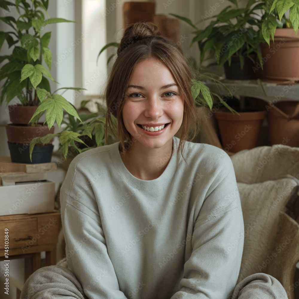 Grateful lady sits comfortably in room surrounded by lush green plants Grateful lady sits comfortably in room surrounded by lush green plants