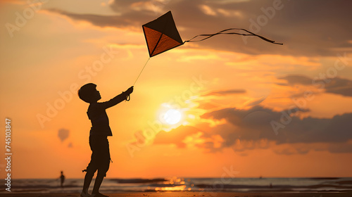 A silhouette of a man joyfully flying a kite against the golden hues of a setting sun on a serene beach