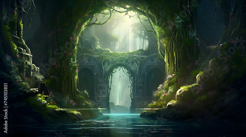 A serene tableau emerges as delicate vines weave together, forming an ethereal archway crowned with vibrant foliage, a hidden gem within the emerald embrace of the woods