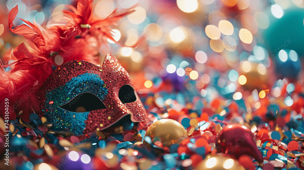 carnival mask, background with shining bokeh effect, bright shiny colored background, tinsel, sequins, holiday, confetti, AI Generation - obrazy, fototapety, plakaty 