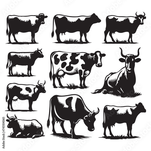 Set of cow silhouettes isolated on a white background, Vector illustration.