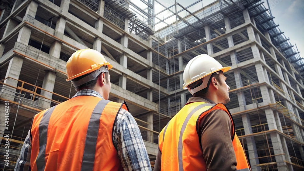 Construction workers wearing safety gear looking up at building under construction Construction workers wearing safety gear looking up at building under construction