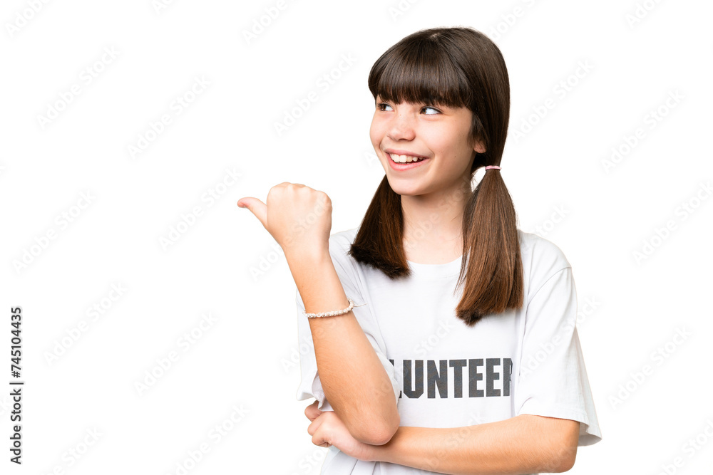 Little volunteer girl over isolated background pointing to the side to present a product Little volunteer girl over isolated background pointing to the side to present a product