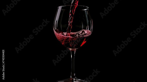 Pouring red wine in a glass goblet on black background