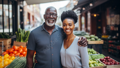 An African American couple, both smiling and posing together in front of a fruit stand with a variety of colorful fruits, at an outdoor market in the background.
