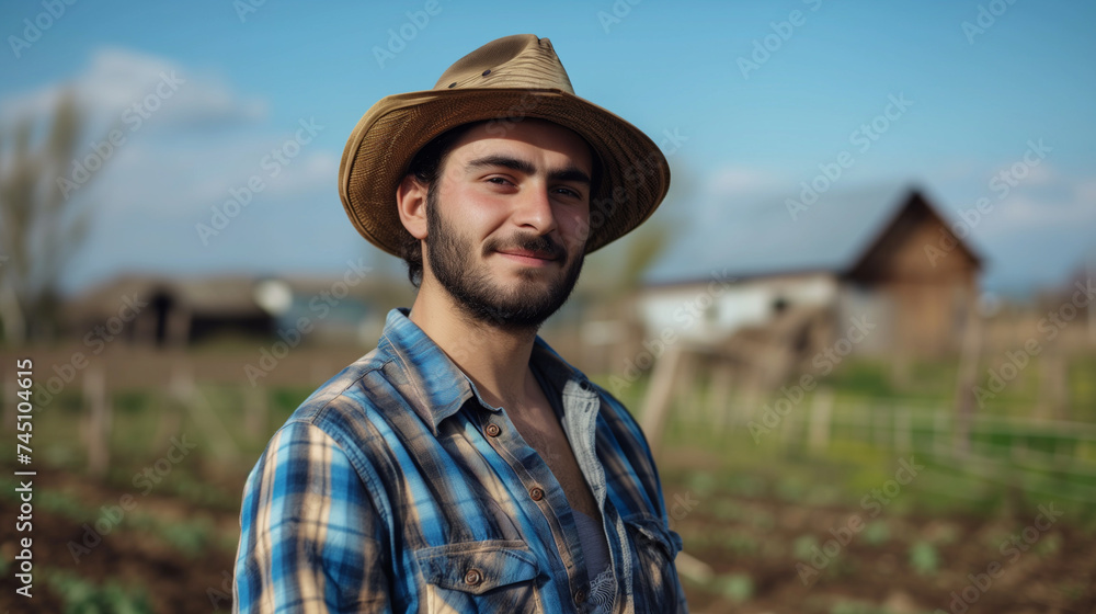A farmer poses against the background of a farm.