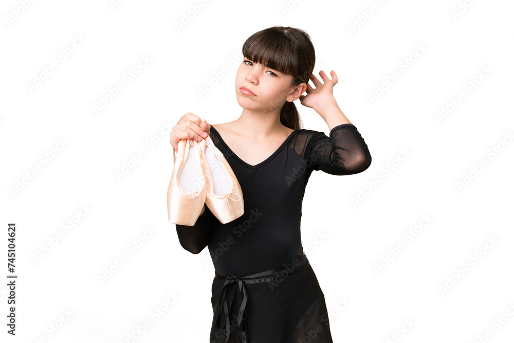 Little caucasian girl practicing ballet over isolated background having doubts Little caucasian girl practicing ballet over isolated background having doubts