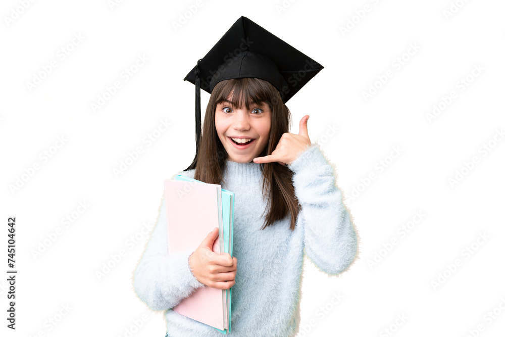 Little caucasian student girl over isolated background making phone gesture. Call me back sign Little caucasian student girl over isolated background making phone gesture. Call me back sign