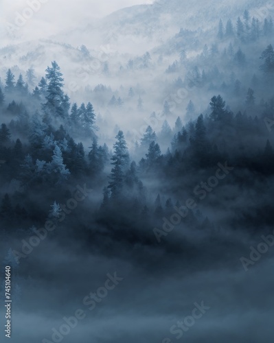 Indistinct mountain view framed by textured blue and white abstraction