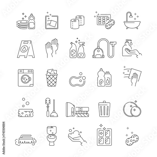 Clean icons. Cleaning service. Spray bottle. Disinfect hands. Wiping tissues. Laundry washer. Garbage dustbin. Washing tools. Safe virus detergent. Household cleaner. Vector garish line symbols set