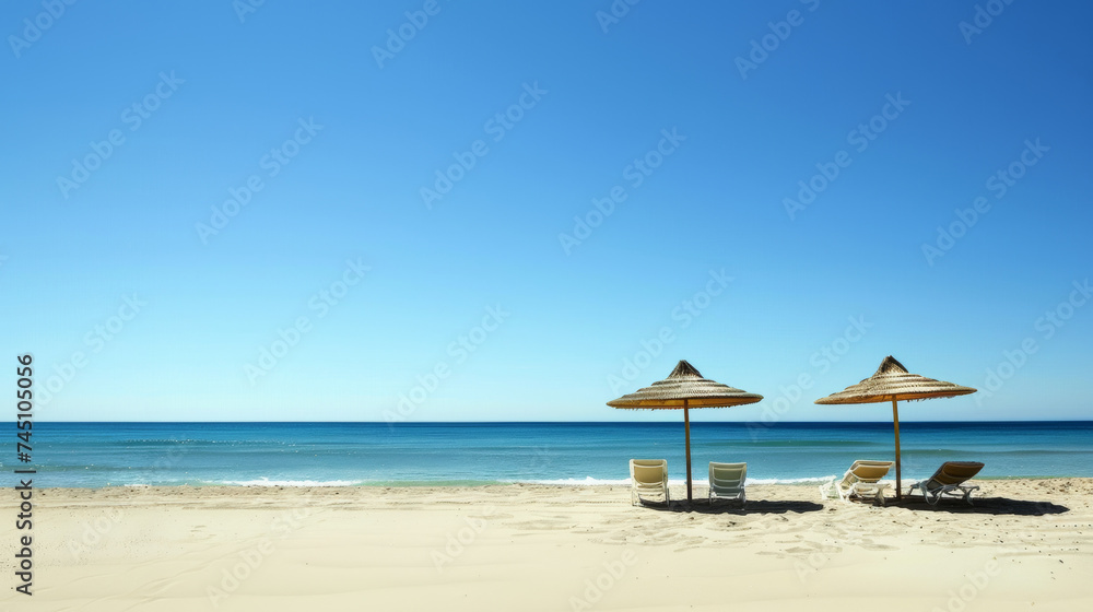 Inviting Beach Resort Relaxation with Sun Loungers and Umbrellas, Deserted sandy beach with inviting sun loungers under straw umbrellas