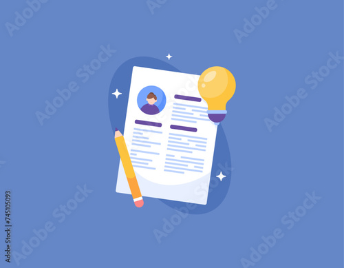Recruitment Concepts and Job Vacancies. tips or guides for making and compiling a CV. illustrations of curriculum vitae or resume, pencils, and light bulbs. illustration concept design. graphic 