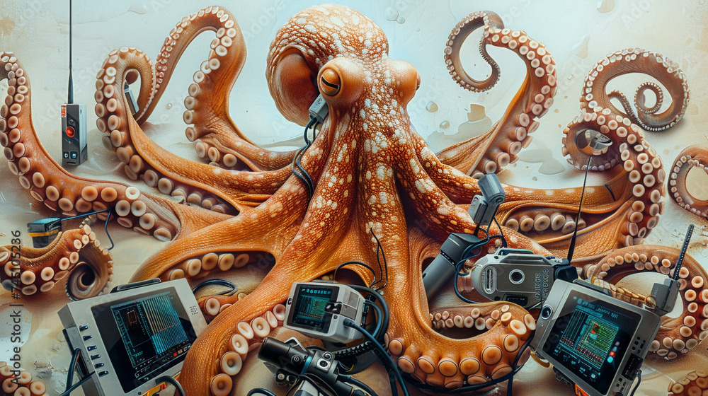 Obraz premium An octopus multitasking with multiple gadgets a portrait of natural adaptability and technological advancement