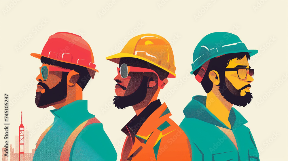 Construction worker teacher and tech developer side by side in minimal illustrations celebrating the spectrum of jobs Construction worker teacher and tech developer side by side in minimal illustrations celebrating the spectrum of jobs