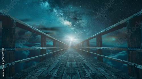 An infinite bridge stretches towards a horizon lit by starlight in a world where every dream is within reach