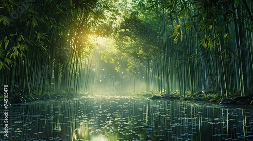 shockingly beautiful bamboo forest at sunrise, misty, dark, lush green, wet ground, extremely relaxing and sleep inducing