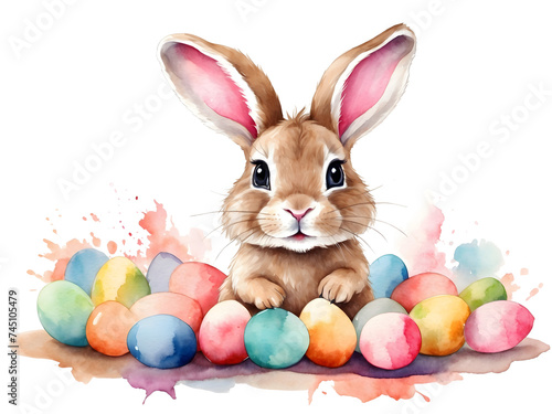 Cute bunny with easter eggs  png illustration watercolor on transparent background  for your print  greeting card design  t-shirt design