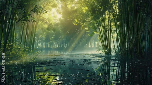 shockingly beautiful bamboo forest at sunrise  misty  dark  lush green  wet ground  extremely relaxing and sleep inducing