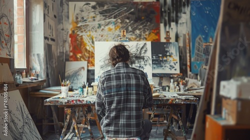 An artist sits in a sunlit studio, painting on a canvas. The studio is full of paintings and art supplies.