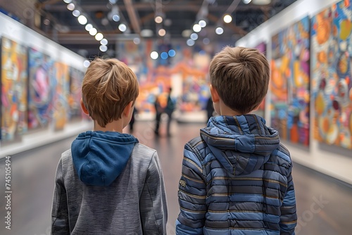 Back view of two school students looking at paintings in modern art gallery © Mohsin