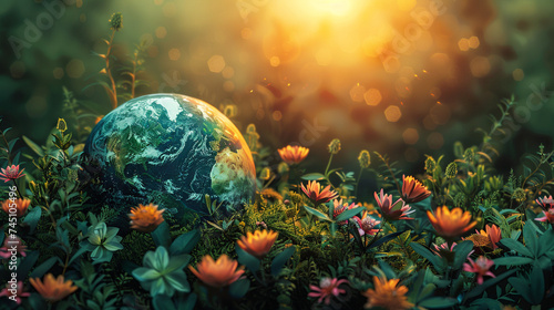 Green planet, World environment and safe nature earth day concept, eco friendly ecology Background with light and flowers , AI Generation photo