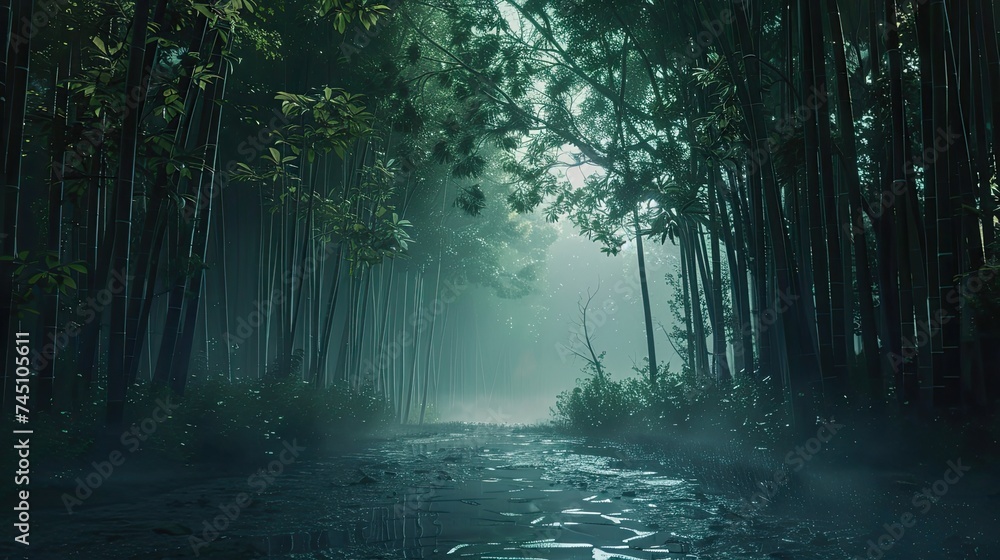 Fototapeta premium shockingly beautiful bamboo forest at sunrise, misty, dark, lush green, wet ground, extremely relaxing and sleep inducing