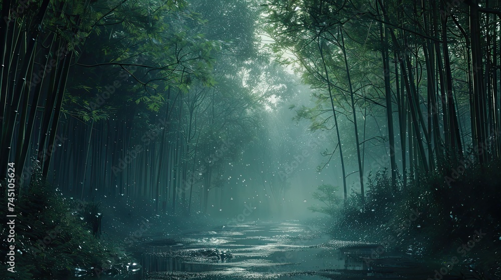 Obraz premium shockingly beautiful bamboo forest at sunrise, misty, dark, lush green, wet ground, extremely relaxing and sleep inducing