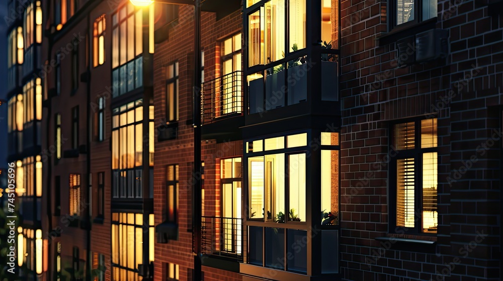 side view of modern apartment house windows, some of them with lights on, in the night, photoreal 