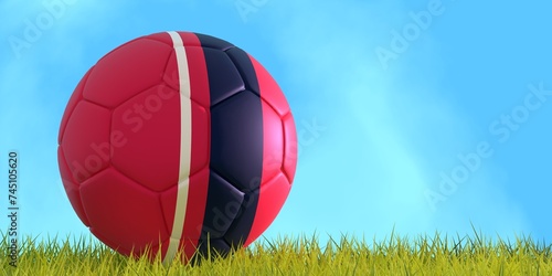 Football ball textured by Saint Louis CITY SC american soccer team uniform colors. Green grass of football field. 3D render