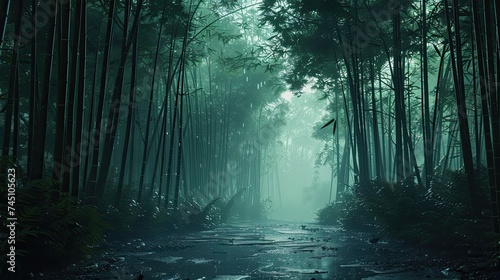 shockingly beautiful bamboo forest at sunrise, misty, dark, lush green, wet ground, extremely relaxing and sleep inducing photo