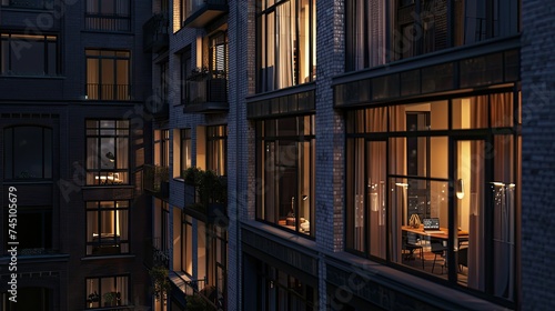 side view of modern apartment house windows, some of them with lights on, in the night, photoreal 