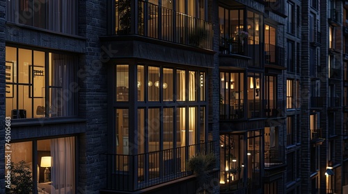 side view of modern apartment house windows, some of them with lights on, in the night, photoreal 