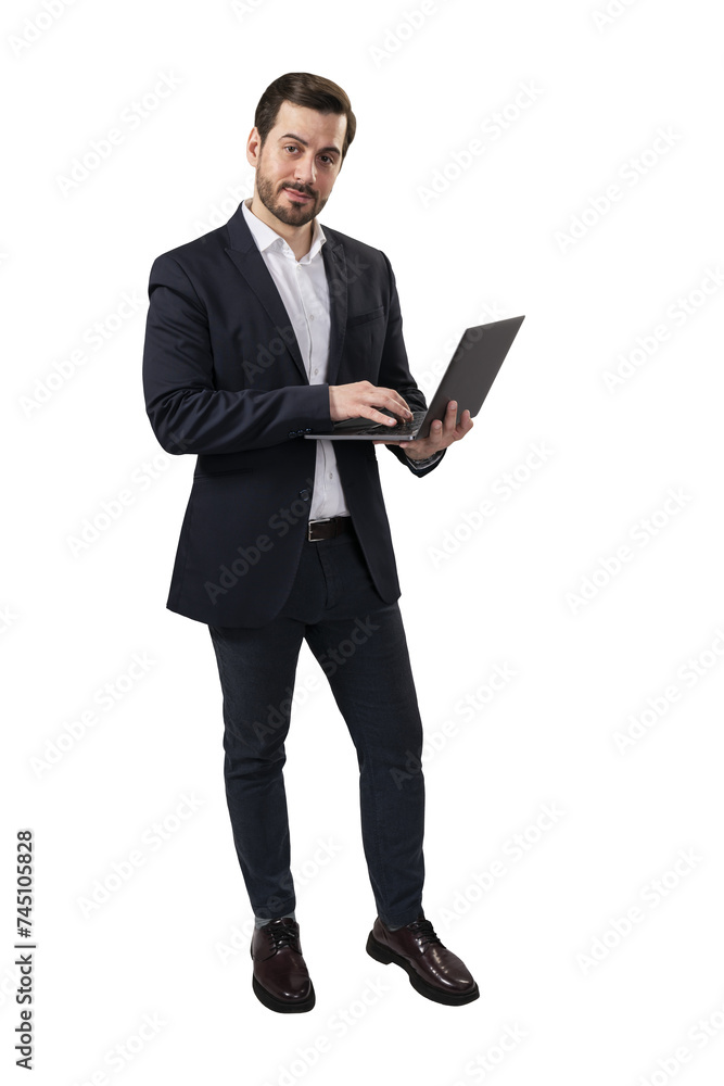 Focused businessman using laptop, white isolated background, technology and business concept