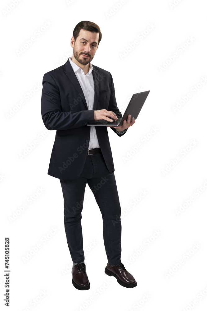 Focused businessman using laptop, white isolated background, technology and business concept Focused businessman using laptop, white isolated background, technology and business concept
