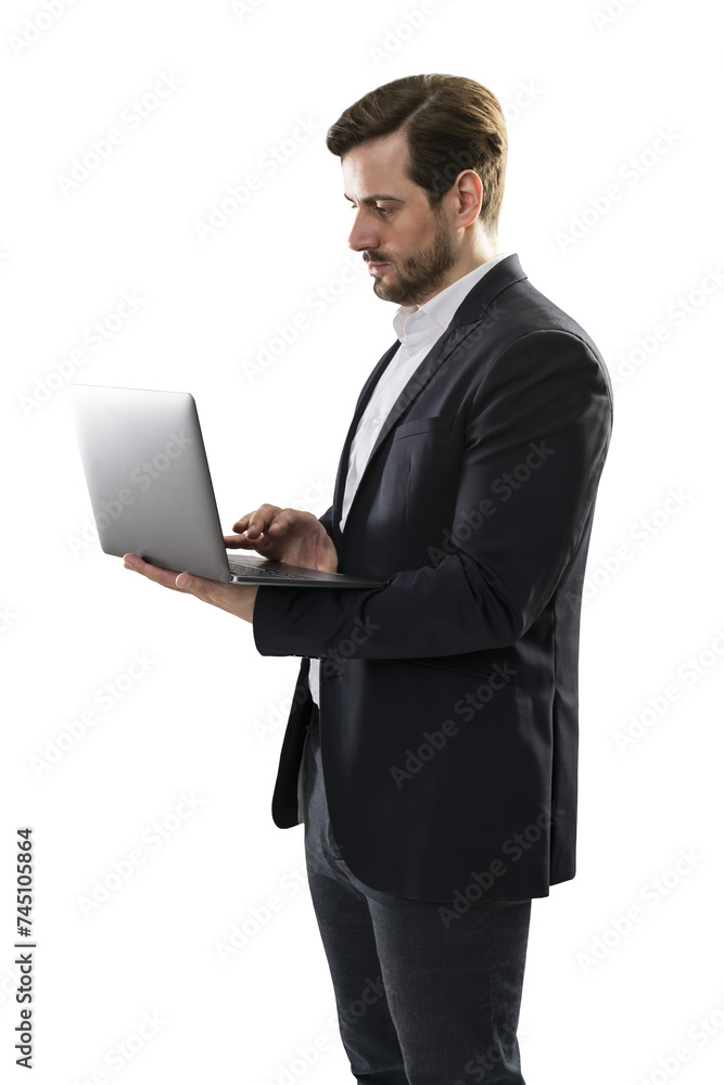 Side view of man with laptop on white background, office technology in use Side view of man with laptop on white background, office technology in use