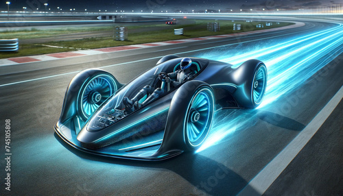 Futuristic race car speeding on a track at night. © connel_design