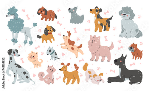 Fototapeta Naklejka Na Ścianę i Meble -  Dog cute. Pet line, funny character animal, icon pattern, set sketch doodle, art cartoon fun happy characters, action decoration design, baby decor nursery and textile. Vector tidy isolated background